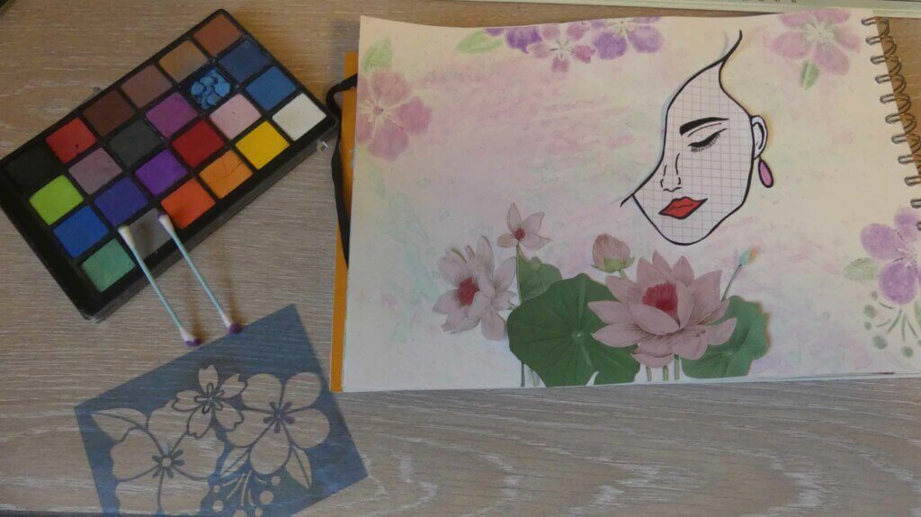 art journal Withmo_elle regarde pousser les fleurs_rajout déco fleurs avec craies pastels