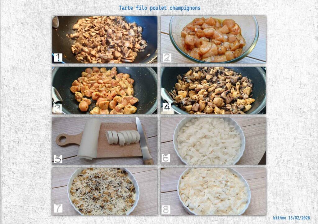 étapes tarte filo poulet champignons Withmo